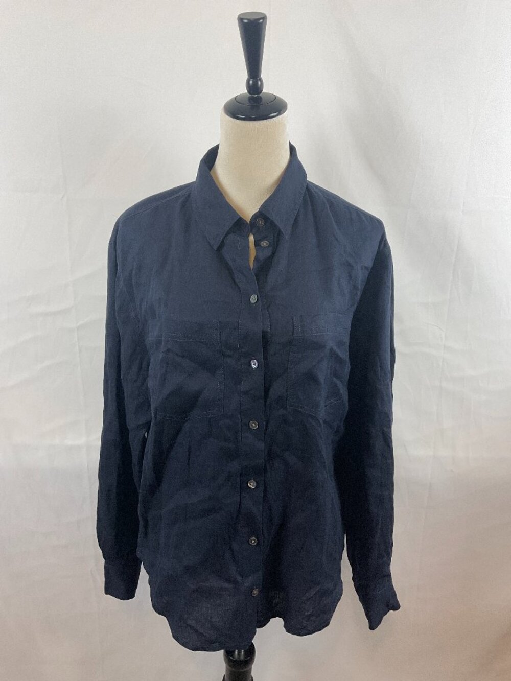 Veronica Beard Button Front Shirt M Navy Blue Long Roll-Tab Sleeve Pockets